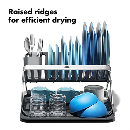OXO Good Grips Aluminum Fold Flat Dish Drying Rack, 2-Tier, with Drainboard, for Kitchen Counter, Collapsible - style: Fold Flat Dish Drying Rack