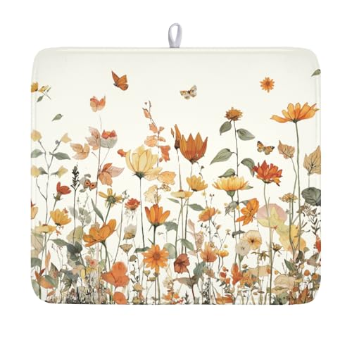 Fall Floral Dish Drying Mat for Kitchen Counter Orange Rustic Vintage Wildflower Pattern Microfiber Dish Drainer Mat Autumn Absorbent Washable Drying Pad Extra Large 16"x18" - color: Fall Floral, size: 18" x 16"