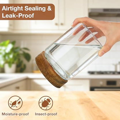 CONNOO 28oz Glass Storage Jars with Wood Lids (6-Pack) – Includes 120 Pre-Printed Waterproof White Kitchen Labels – Airtight Pantry Containers for Rolled Oats, Pasta & Cereals - size: cylindrical/28oz/6pcs