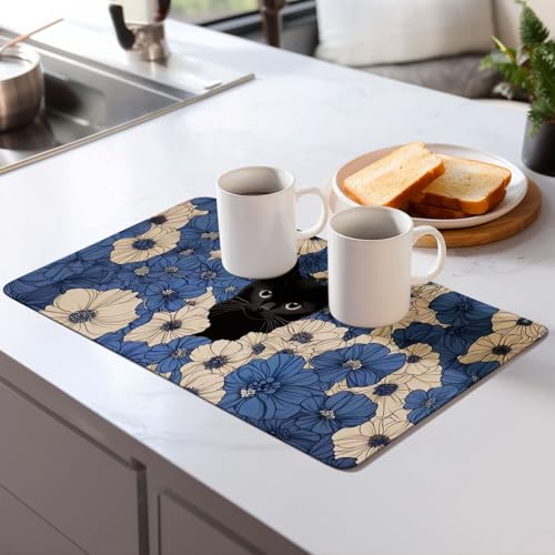 Black Cat Dish Drying Mat for Kitchen Counter Microfiber Super Absorbent Non-Slip Dish Drying Pad for Countertops Dishes Utensils Stylish Quick-Dry Machine Washable 18x24 Inch - color: Black Cat