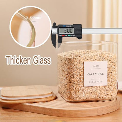 2 Pack Square Glass Flour and Sugar Containers with 132 Kitchen Pantry Labels - Thicken 85 FL OZ Large Glass Storage Jars with Airtight Bamboo Lid - Big Food Canisters for Cookies, Candy, Tea, Coffee - size: 85OZ