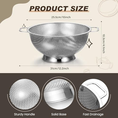 Norme 4 Quart Stainless Steel Silver Colander and 3 Pcs Silver Fine Mesh Strainer, Stainless Steel Pasta Rice Food Metal Strainer with Handles, Easy Clean and Dishwasher Safe - color: Silver, size: 4 Quart