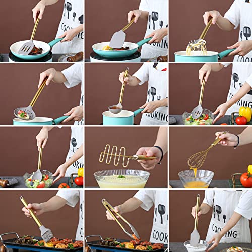 Gold Kitchen Utensils Set, Berglander 38 Pieces Non-stick Silicone Cooking Tools Spoon Spatula Set With Sturdy Stainless Steel Utensil Holder, Dishwasher Safe - style: a. 38 Pieces