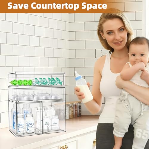 Baby Bottle Organizer, 4 Pack Stackable Storage Drawers with Labels, Clear Station Organizers Container for Pacifiers, Pump Parts, Desk Organizer Bins for Bathroom, Cabinet, Pantry, Vanity, Countertop - style: 2 High+2 Wide