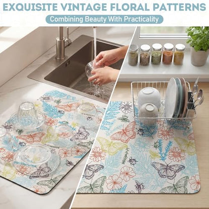 LemonRoad Dish Drying Mat for Kitchen Counter, 12"x20" Absorbent Coffee Bar Mat with Plant Butterflies Design, Fast-dry Diatomite Drainer Drying Mats with Non-slip Backing for Kitchen Sink Countertop - style: Plant Butterflies