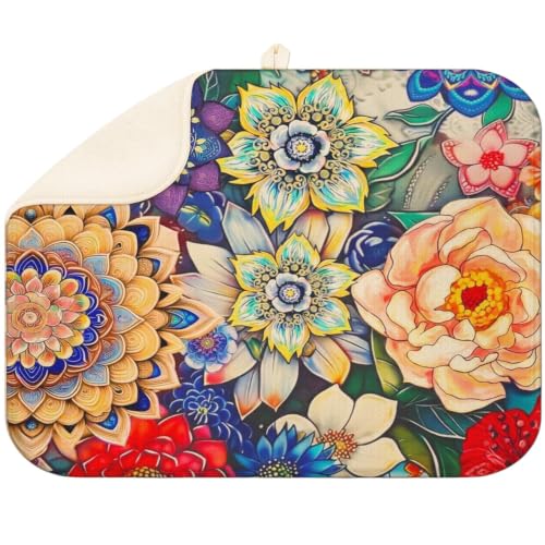 Boho Floral Dish Drying Mat for Kitchen Super Fast Absorbent Dishes Drainer Mat Large Dishes Drying Pad for Dishes, Pots and Pans, Utensils, Kitchen Countertop Decor 18x24 in - color: Boho Floral1, size: 18"x24"