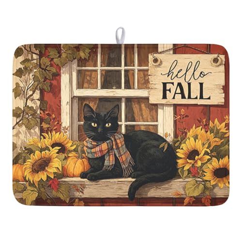 Fall Dish Drying Mat for Kitchen Counter Vintage Autumn Cat Sunflower Pumpkin Microfiber Dish Drainer Mat Rustic Farmhouse Absorbent Washable Drying Pad Extra Large 18"x24" - color: Fall Cat, size: 24" x 18"