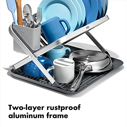 OXO Good Grips Aluminum Fold Flat Dish Drying Rack, 2-Tier, with Drainboard, for Kitchen Counter, Collapsible - style: Fold Flat Dish Drying Rack