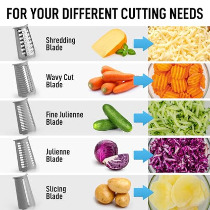 Zulay Kitchen Rotary Cheese Grater 5 Blade Cheese Shredder - Manual Hand Crank Cheese Grater With Reinforced Suction & 5 Interchangeable Drums - Easy to Use, Vegetable Chopper Round Mandoline Slicer - color: Gray and White
