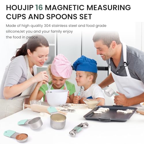 Magnetic Measuring Cups and Spoons Set-Heavy Duty 304 Stainless Steel，Double Measurement Markings，Set of 16 with Leveler for Measure Dry and Liquid Ingredients (Mint) - color: Mint