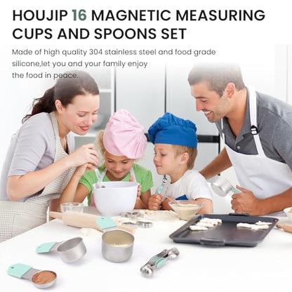 Magnetic Measuring Cups and Spoons Set-Heavy Duty 304 Stainless Steel，Double Measurement Markings，Set of 16 with Leveler for Measure Dry and Liquid Ingredients (Mint) - color: Mint