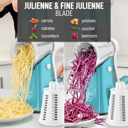 Zulay Kitchen Rotary Cheese Grater 5 Blade Cheese Shredder - Manual Hand Crank Cheese Grater With Reinforced Suction & 5 Interchangeable Drums - Easy to Use, Vegetable Chopper Round Mandoline Slicer - color: White and Light Blue
