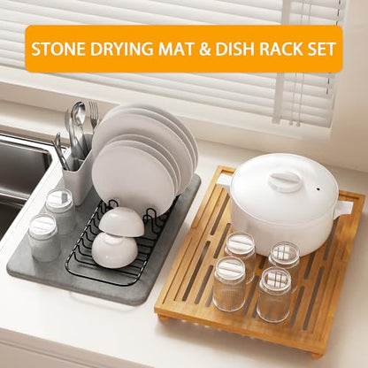 Golener Stone Drying Mat for Kitchen Counter, Dish Drying Pad with Bamboo Rack, Super Absorbent Diatomaceous Earth and Drying Rack, Multi-purpose Quick Drying Mat Rack for Kitchen, 16”x12”, Dark Grey