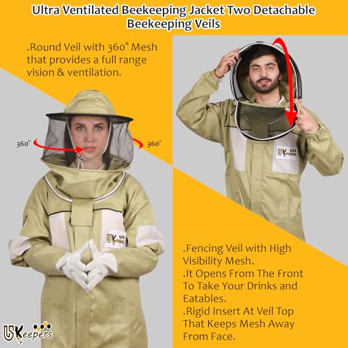 Ultra-Ventilated Polycotton Beekeeping Suit for Men & Women with Gloves & Two Beekeeping Veils-Professional & Beginner Apiarist Suit. (Olive,M) - color: Olive, size: Medium