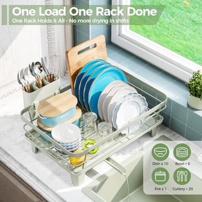Urackify Dish Drying Rack for Kitchen Counter, Sink Dish Rack with Drainboard, Large Dish Drainer with Cups Holder, Home Countertop Plate Dryer Storage Rack with Cutlery Holder, Soft Celery Green - color: Soft Celery Green