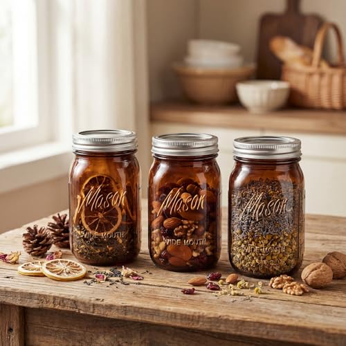 Rubtlamp Amber Mason jar 32 oz, 12 Pack Glass Jars - Wide Mouth Mason Jars with Airtight Lids for Pickling, Fermenting, Food Storage&DIY Crafts, Microwave & Dishwasher Safe - color: Amber