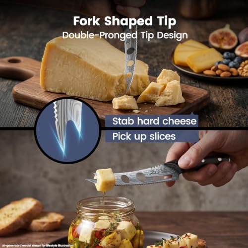 SYOKAMI Cheese Knife, 5.5 Inch Serrated Cheese Cutter for Soft and Hard Cheese, Pronged, Multi-Use Non Stick Design, High Carbon German Steel, Full Tang & Ergonomic Handle Design, Ideal Gift