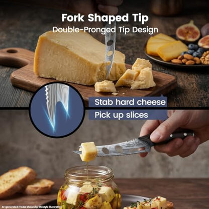 SYOKAMI Cheese Knife, 5.5 Inch Serrated Cheese Cutter for Soft and Hard Cheese, Pronged, Multi-Use Non Stick Design, High Carbon German Steel, Full Tang & Ergonomic Handle Design, Ideal Gift