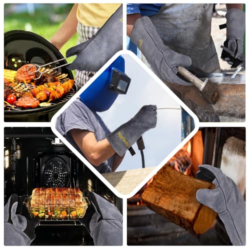 Leather Welding Gloves, 16inch 932℉ Heat/Fire Resistant, Wood Stove Gloves, Large Mitts for BBQ,Grill,Tig/Mig (Grey, M) - color: Crey, size: Medium