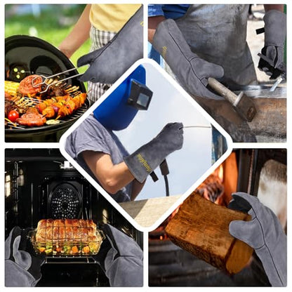 Leather Welding Gloves, 16inch 932℉ Heat/Fire Resistant, Wood Stove Gloves, Large Mitts for BBQ,Grill,Tig/Mig (Grey, M) - color: Crey, size: Medium