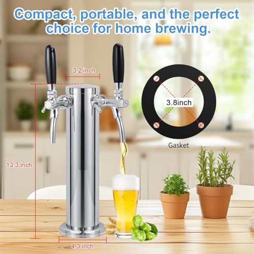 Adjustable Dual Tap Kegerator Tower Draft Beer Tower Pre-assembled Beer Keg Tap Tower Stainless Steel Beer Dispenser Tower Stainless Core Self-Closing Beer Faucet for Homebrew Kegerator Parts