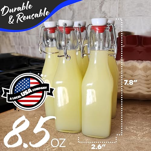 Nevlers 8.5 Oz Square Swing Top Glass Bottles with Stoppers 6 Pack | Flip Top Glass Bottle with Lid | Liquor Bottle Set w/ Funnel, Brush & Marker | Dressing & Homemade Vanilla Extract Bottles - style: Square - 6 Pack