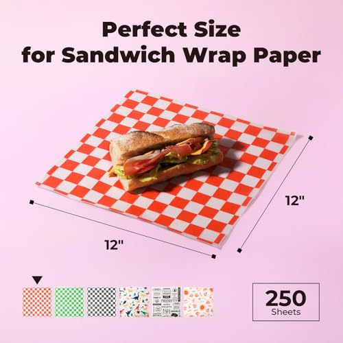 Fit Meal Prep [250 Sheets] 12x12" Deli Paper, Red and White Checkered Dry Waxed Paper for Food Basket, Sandwich Wrapping, Picnic, Burgers - color: Red Checkered