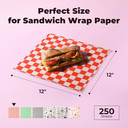 Fit Meal Prep [250 Sheets] 12x12" Deli Paper, Red and White Checkered Dry Waxed Paper for Food Basket, Sandwich Wrapping, Picnic, Burgers - color: Red Checkered
