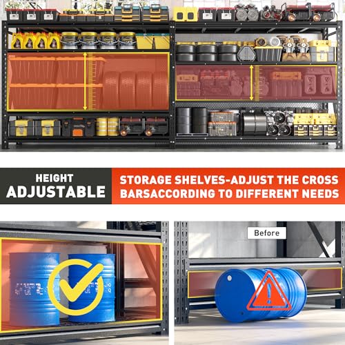 Romorgniz Garage Shelving Heavy Duty, 5000LBS Steel Rack for Garage, Shop | 4‑tier industrial solid steel shelf. Rust‑resistant, one‑piece uprights, side braces for stability, 16 supporting ribs - size: 60" W X 72" H X 18" D