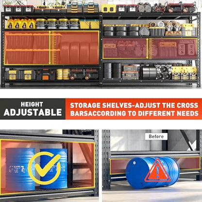Romorgniz Garage Shelving Heavy Duty, 5000LBS Steel Rack for Garage, Shop | 4‑tier industrial solid steel shelf. Rust‑resistant, one‑piece uprights, side braces for stability, 16 supporting ribs - size: 60" W X 72" H X 18" D