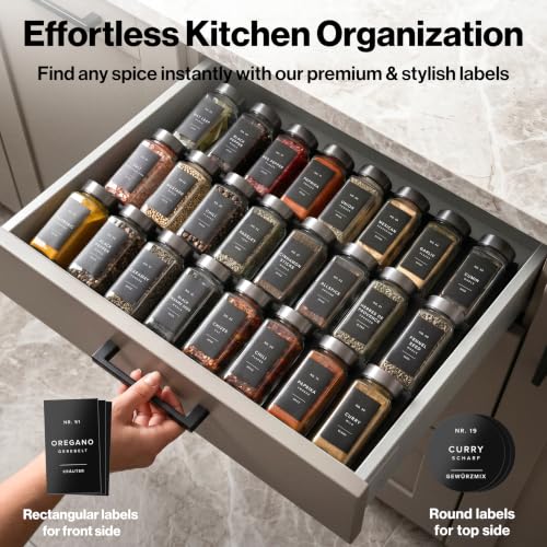 EDELHAUS Glass Spice Jars with Label, 24x Space Gray Stainless Steel Lids | Airtight Lids keep spices fresh, Kitchen Spice Drawer Organizer, 4oz Seasoning Containers incl. Funnel, Brush & 240 Labels - color: Space Gray Stainless Steel Lid