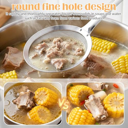 Skimmer Spoon Filter Grease Foam Fine Mesh Stainless Steel Sieve Colander, Extra Fine Strainer With Handle Handheld Fry Oil Filter for Cooking Sieve Spoon for Food Strainer Kitchen Gadget (Large)