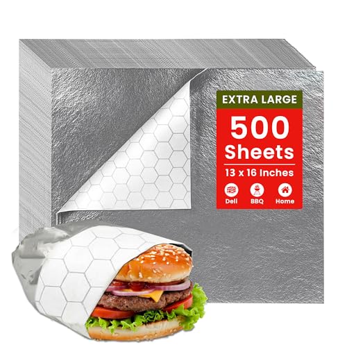 Extra Large - (500 Sheets) - Foil Sandwich Wrap Sheets With Foil Backing - Burrito Wrappers Sandwich Paper Wrap - Food Wrapping Deli Wraps - 13 x 16 Inches - size: 500 Large Sheets