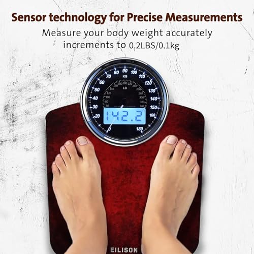 EILISON Highly Advance 2-in-1 Digital & Analog Weighing Scale for Body Weight-400lbs, 4 High Precison GX Sensor Accurate, Thick Tempered Glass, Extra Large Display (Red) - color: Red