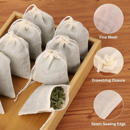 100Pcs Muslin Bags with Drawstring, 3x4 Inch Reusable Empty Tea Bags, Spice Herb Sachet Bag for Cooking Soups, Natural Cotton Unbleached Cheese Cloth Bag for Straining