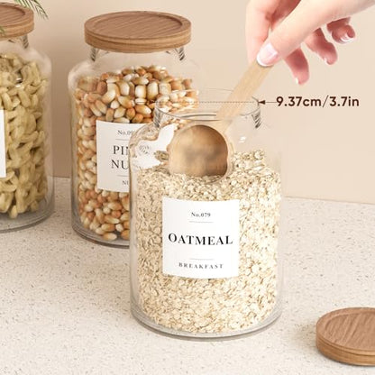 2 PCS Flour Sugar Storage Containers Glass, Large Glass Food Storage Jars with Wood Airtight Lids, 132 Pantry Labels and 2 spoon for Coffee, Flour, Sugar, Spice (98 oz/2800 ml)