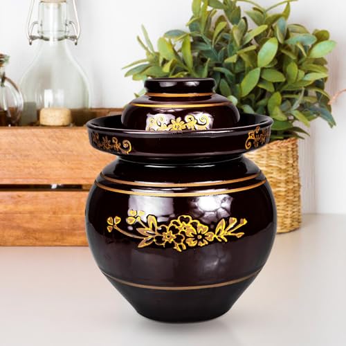 NUOBESTY Traditional Ceramic Pickle Jar 5.5lb Thickened Fermentation Crock Sealed Vegetable Sauerkraut Storage Jar with Retro Pattern for Home Kitchen Use Random Color