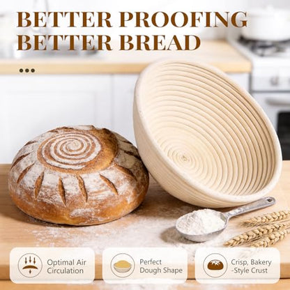 BAVIFY Sourdough Starter Kit, Banneton Bread Proofing Baskets Set | 2-Pack 9 in Round Banneton Basket, Indonesian Natural Rattan, Bread Proofing Bowl for Dough Rising, Fits up to 2.2 lb Dough