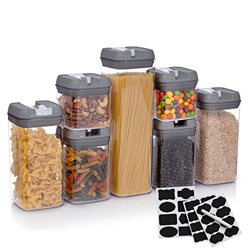 Set of 7 Airtight Food Storage Containers - Pantry Organizer Bins, BPA Free Plastic Containers plus Dry Erase Marker and Labels, Gray - color: Grey
