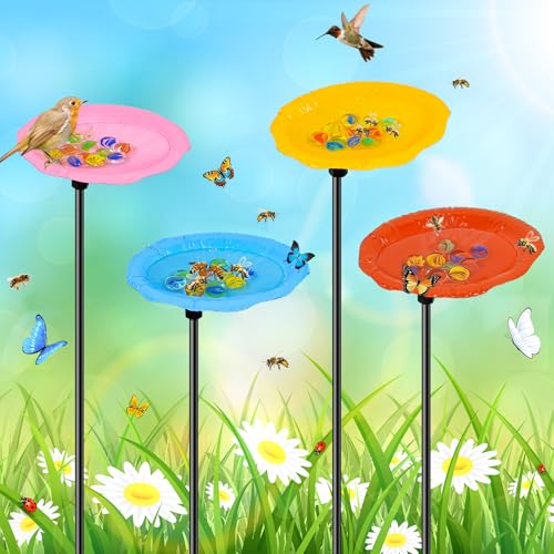 4 Pack Bee Watering Station for Garden, Metal Bee Butterfly Feeder with Glass Marbles, Colorful Butterfly Bee Bath Water Bowl with Flower Design for Outdoor Yard Patio Decor (Colourful-A) - style: Colourful-A