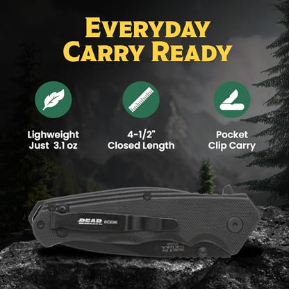 BEAR & SON - Manual Drop Point Folding Knife - 2 7/8" 440 Stainless Steel Blade with G10 Handle & Ball Bearing Washers - Men'sTactical EDC Pocket Knife - Sharp Utility Hunting Camping Gear - Serrated