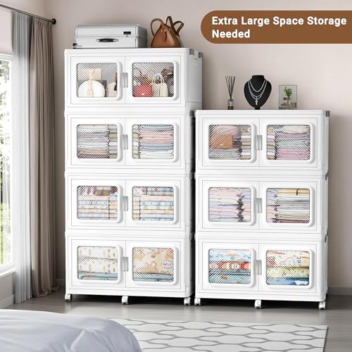 BROVIEW 660Qt Extra Large Stackable Storage Bins with Lids,165Gal Stackable Storage Bins Open Front with Wheels, Plastic Storage Cart Organizer and Storage for Home Kitchen, 3 Packs, White