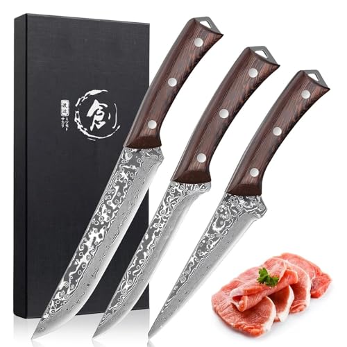 PURPLEBIRD Japanese Chef Knife Set of 3, Razor Sharp Kitchen Knife Set, Japanese Full Tang Meat Knives with Wood Handle for Trimming and Carving Poultry Chicken, Ideal Gifts for Men - color: Brown