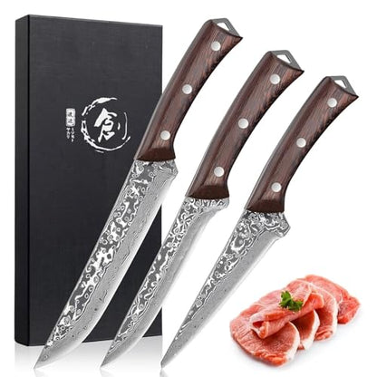PURPLEBIRD Japanese Chef Knife Set of 3, Razor Sharp Kitchen Knife Set, Japanese Full Tang Meat Knives with Wood Handle for Trimming and Carving Poultry Chicken, Ideal Gifts for Men - color: Brown