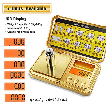 Fuzion Gram Scale 200g/0.01g, Jewelry Scales Digital Weight Grams and Ounces, Digital Pocket Herb Scale with 6 Modes, Tare for Herbs, Jewelry, Small(50g Weight & Battery Included) - color: Gold, size: 200/0.01g