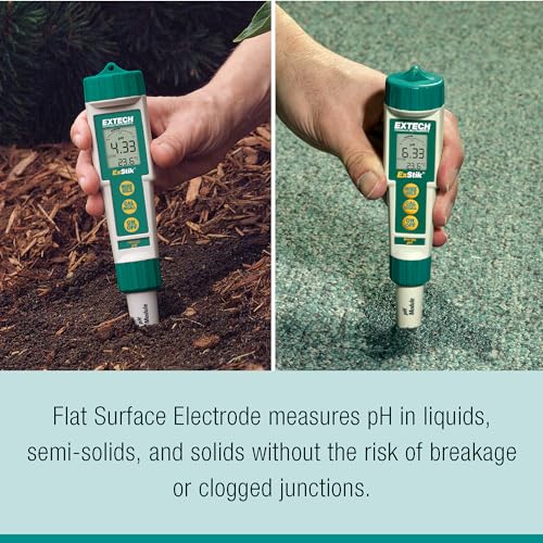 Extech PH100 Waterproof ExStik II pH Meter Kit with Flat Surface Electrode and Temperature Display | pH 0.00-14.00, waterproof, ATC, flat-surface electrode, temperature display, auto power off, sample cup - style: pH