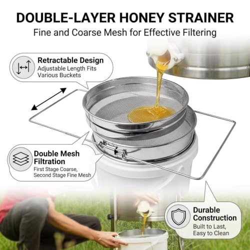 Stainless Steel Honey Strainer for 5 Gallon Bucket, Double Layer Mesh Honey Filter Strainer with Adjustable Support Legs, Universal Beekeeping Harvest Tool Fit Most Honey Pails