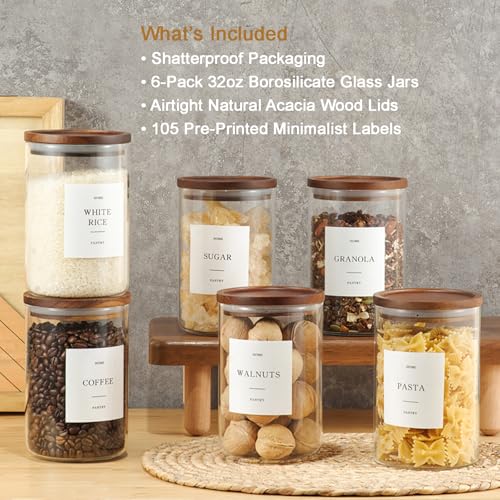 Set of 6 Glass Pantry Jars with Acacia Wood Lids, 32oz Airtight Pantry Storage Containers with 105 Labels, Glass Kitchen Canisters for Coffee, Tea, Sugar, Pasta - size: 32oz 6 Pack