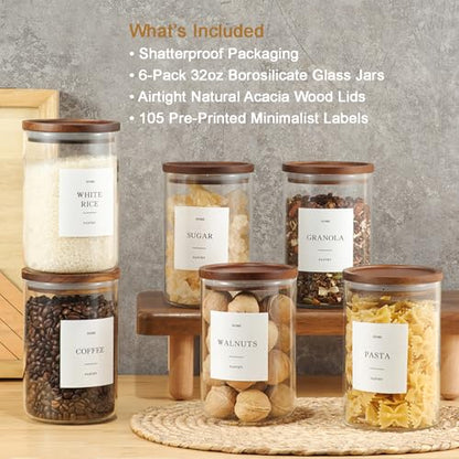 Set of 6 Glass Pantry Jars with Acacia Wood Lids, 32oz Airtight Pantry Storage Containers with 105 Labels, Glass Kitchen Canisters for Coffee, Tea, Sugar, Pasta - size: 32oz 6 Pack