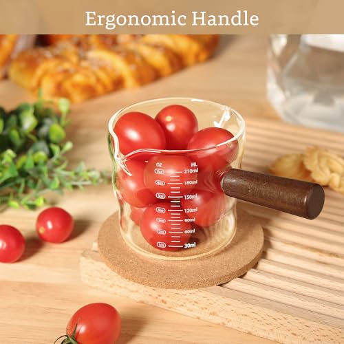 Joeyan Espresso Measuring Cup, Espresso Shot Cups, Glass Measuring Cup with Double Spouts and Wood Handle, Wave Shaped Triple Pitcher Milk Cup, Borosilicate Clear Coffee Bar Accessories, 9 oz - color: Clear wavy espresso cup- double spouts